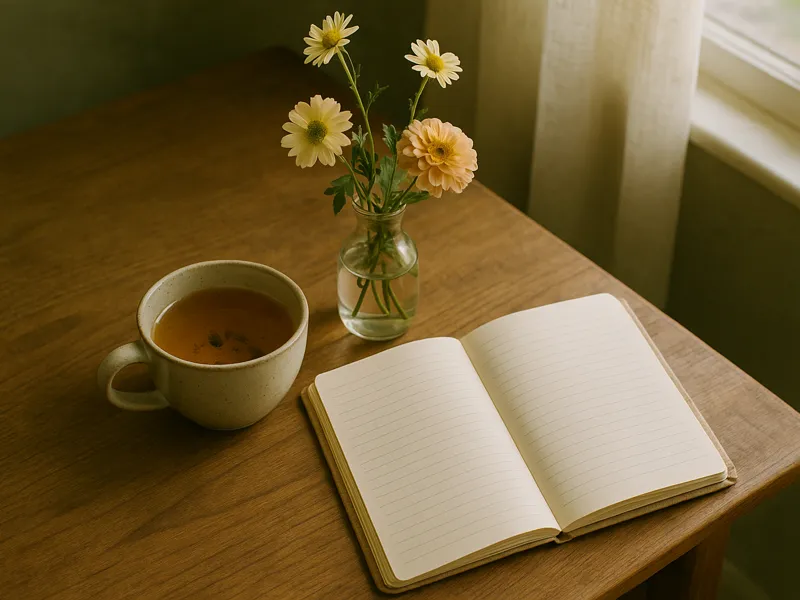 A peaceful morning setup with herbal tea, journal, and fresh flowers